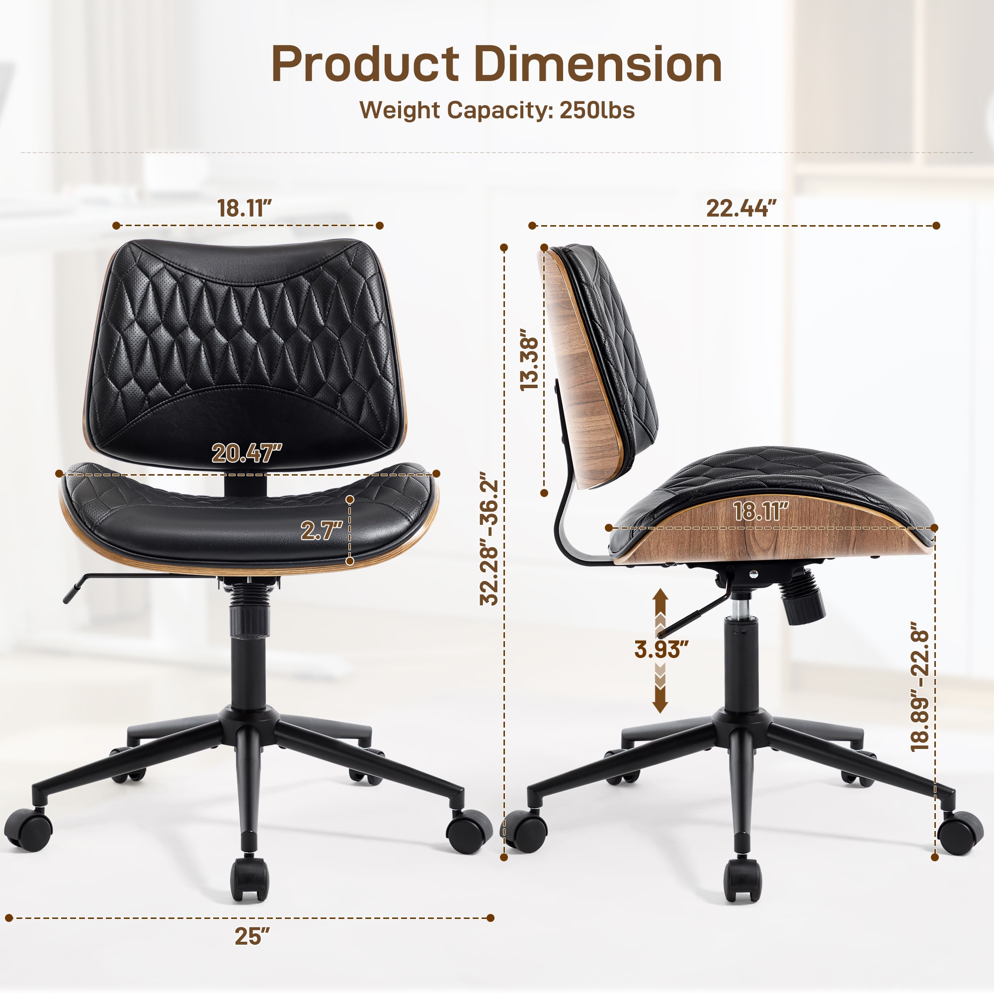 Armless Office Chair With Wheels, Adjustable Height Mid Back Small Desk Chair, Modern Walnut Bentwood Back, PU Leather Swivel Rolling Computer Task Chair For Home Office, Meeting Room, Study, Set Of 1_voghion.com